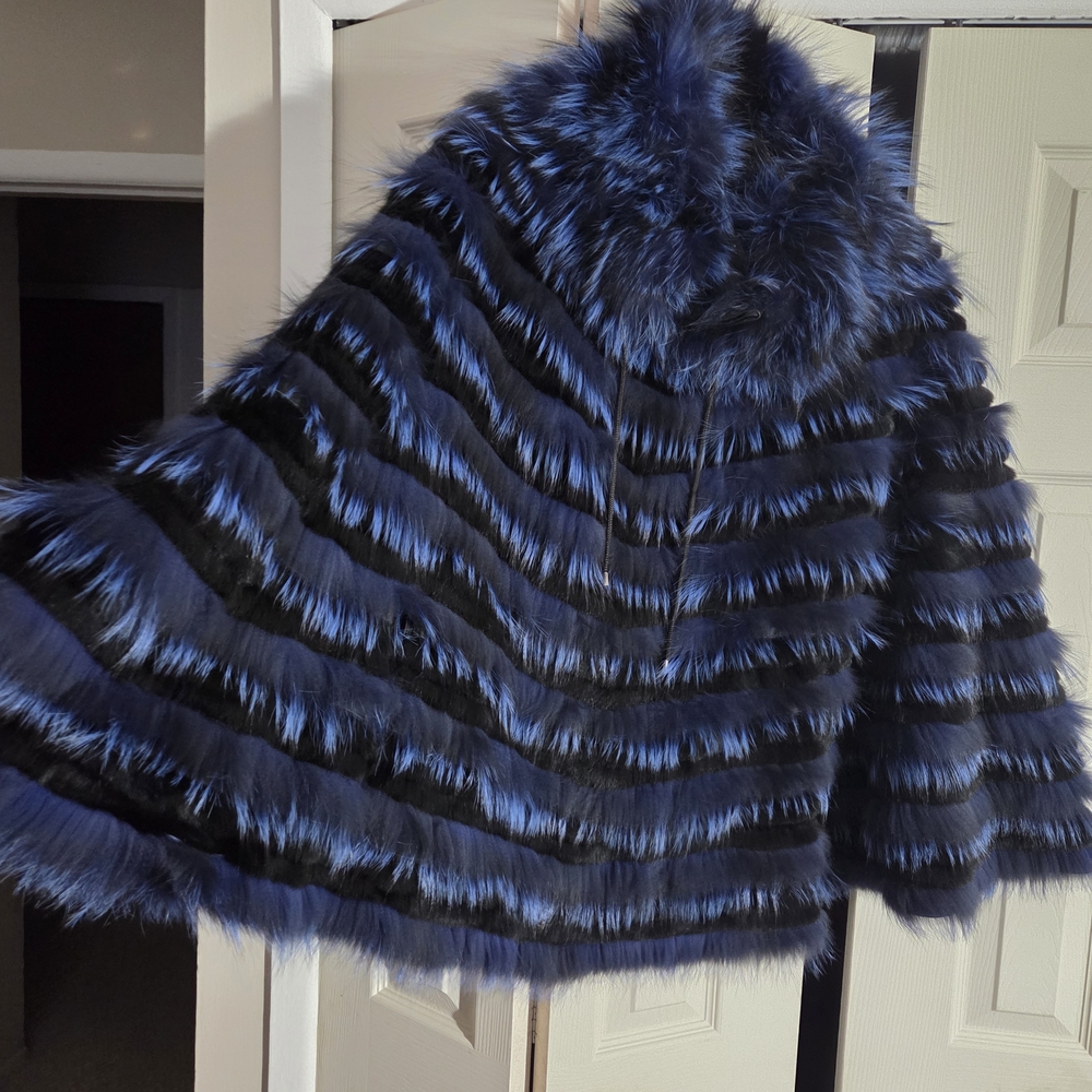 Striped Authentic Silver Fox and Rabit Fur Cape in Blue and Black.